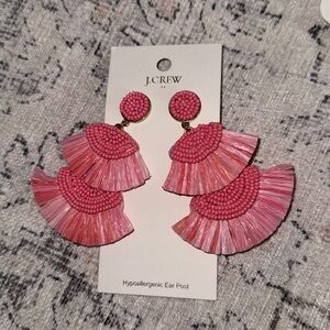 J Crew Factory Beaded fan statement earrings pink faux raffia NWT